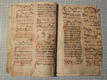 Load image into Gallery viewer, Two Leaf Bifolio from A Latin Missal, Germany, 14th Century. Manuscript on Parchment. 20 Lines of Gothic Script and Musical Notation. Recovered from a Binding