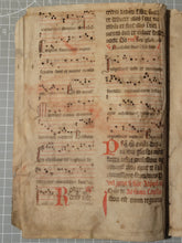 Load image into Gallery viewer, Two Leaf Bifolio from A Latin Missal, Germany, 14th Century. Manuscript on Parchment. 20 Lines of Gothic Script and Musical Notation. Recovered from a Binding