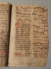 Load image into Gallery viewer, Two Leaf Bifolio from A Latin Missal, Germany, 14th Century. Manuscript on Parchment. 20 Lines of Gothic Script and Musical Notation. Recovered from a Binding