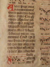 Load image into Gallery viewer, Two Leaf Bifolio from A Latin Missal, Germany, 14th Century. Manuscript on Parchment. 20 Lines of Gothic Script and Musical Notation. Recovered from a Binding