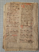 Load image into Gallery viewer, Two Leaf Bifolio from A Latin Missal, Germany, 14th Century. Manuscript on Parchment. 20 Lines of Gothic Script and Musical Notation. Recovered from a Binding