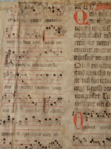 Two Leaf Bifolio from A Latin Missal, Germany, 14th Century. Manuscript on Parchment. 20 Lines of Gothic Script and Musical Notation. Recovered from a Binding