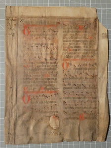 Two Leaf Bifolio from A Latin Missal, Germany, 14th Century. Manuscript on Parchment. 27 Lines of Gothic Script and Musical Notation. Recovered from a Binding