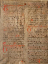 Load image into Gallery viewer, Two Leaf Bifolio from A Latin Missal, Germany, 14th Century. Manuscript on Parchment. 27 Lines of Gothic Script and Musical Notation. Recovered from a Binding