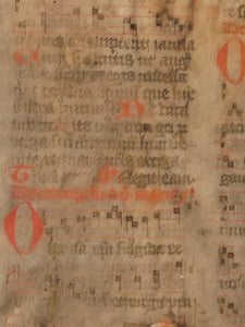 Two Leaf Bifolio from A Latin Missal, Germany, 14th Century. Manuscript on Parchment. 27 Lines of Gothic Script and Musical Notation. Recovered from a Binding