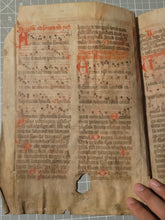 Load image into Gallery viewer, Two Leaf Bifolio from A Latin Missal, Germany, 14th Century. Manuscript on Parchment. 27 Lines of Gothic Script and Musical Notation. Recovered from a Binding