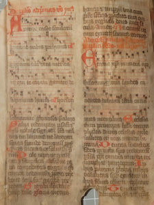 Two Leaf Bifolio from A Latin Missal, Germany, 14th Century. Manuscript on Parchment. 27 Lines of Gothic Script and Musical Notation. Recovered from a Binding