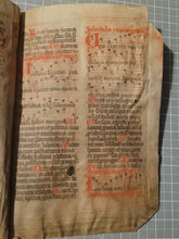 Load image into Gallery viewer, Two Leaf Bifolio from A Latin Missal, Germany, 14th Century. Manuscript on Parchment. 27 Lines of Gothic Script and Musical Notation. Recovered from a Binding