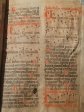 Load image into Gallery viewer, Two Leaf Bifolio from A Latin Missal, Germany, 14th Century. Manuscript on Parchment. 27 Lines of Gothic Script and Musical Notation. Recovered from a Binding