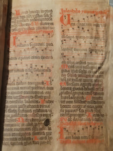 Two Leaf Bifolio from A Latin Missal, Germany, 14th Century. Manuscript on Parchment. 27 Lines of Gothic Script and Musical Notation. Recovered from a Binding