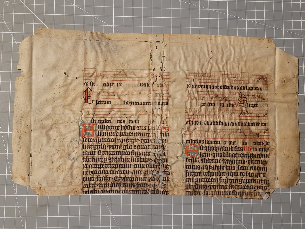 Leaf Fragment from a Latin Missal, Germany, 14th Century. Manuscript on Parchment. 20 Lines of Gothic Script. Musical Notation. Recovered from a Binding