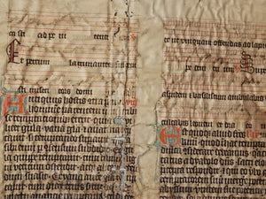 Leaf Fragment from a Latin Missal, Germany, 14th Century. Manuscript on Parchment. 20 Lines of Gothic Script. Musical Notation. Recovered from a Binding