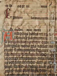 Leaf Fragment from a Latin Missal, Germany, 14th Century. Manuscript on Parchment. 20 Lines of Gothic Script. Musical Notation. Recovered from a Binding