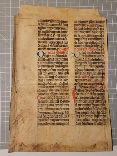 Leaf from a Latin Breviary or Missal, Germany, 14th Century. Recovered from a Binding. Manuscript on Parchment. 30 Lines of Gothic Script, and Ornate Initials