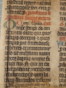 Leaf from a Latin Breviary or Missal, Germany, 14th Century. Recovered from a Binding. Manuscript on Parchment. 30 Lines of Gothic Script, and Ornate Initials