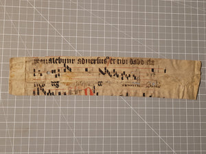 Leaf Fragment from a Latin Missal, Germany, 15th Century. Manuscript on Parchment. &nbsp;Two Lines of Gothic Script and Musical Notation. Recovered from a Binding