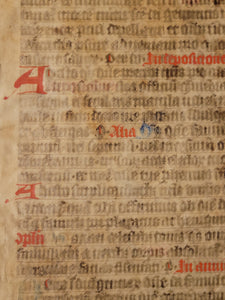 Leaf from a Latin Missal, Germany, 14th Century. Manuscript on Parchment. 33 Lines of Gothic Script, and Red and Blue Initials. Recovered from a Binding