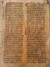 Load image into Gallery viewer, Two Leaf Bifolio from a Latin Missal, Germany, 14th Century. Manuscript on Parchment. 33 Lines of Gothic Script, 9 Large Red Initials. Recovered from a Binding