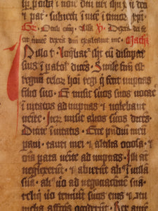 Two Leaf Bifolio from a Latin Missal, Germany, 14th Century. Manuscript on Parchment. 33 Lines of Gothic Script, 9 Large Red Initials. Recovered from a Binding