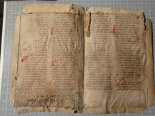 Load image into Gallery viewer, Two Leaf Bifolio from a Latin Missal, Germany, 14th Century. Manuscript on Parchment. 33 Lines of Gothic Script, 9 Large Red Initials. Recovered from a Binding