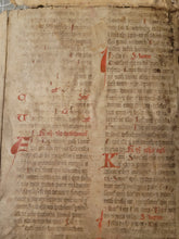 Load image into Gallery viewer, Two Leaf Bifolio from a Latin Missal, Germany, 14th Century. Manuscript on Parchment. 33 Lines of Gothic Script, 9 Large Red Initials. Recovered from a Binding