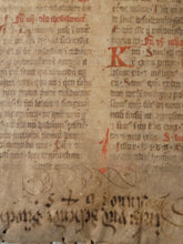 Load image into Gallery viewer, Two Leaf Bifolio from a Latin Missal, Germany, 14th Century. Manuscript on Parchment. 33 Lines of Gothic Script, 9 Large Red Initials. Recovered from a Binding