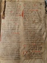 Load image into Gallery viewer, Two Leaf Bifolio from a Latin Missal, Germany, 14th Century. Manuscript on Parchment. 33 Lines of Gothic Script, 9 Large Red Initials. Recovered from a Binding