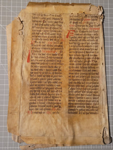 Two Leaf Bifolio from a Latin Missal, Germany, 14th Century. Manuscript on Parchment. 33 Lines of Gothic Script, 9 Large Red Initials. Recovered from a Binding