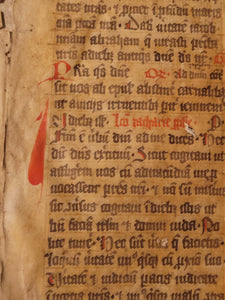 Two Leaf Bifolio from a Latin Missal, Germany, 14th Century. Manuscript on Parchment. 33 Lines of Gothic Script, 9 Large Red Initials. Recovered from a Binding