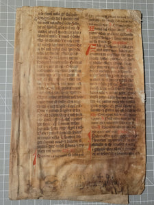 Two Leaf Bifolio from a Latin Missal, Germany, 14th Century. Manuscript on Parchment. 33 Lines of Gothic Script, 7 Large Red Initials. Recovered from a Binding