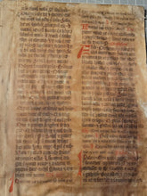 Load image into Gallery viewer, Two Leaf Bifolio from a Latin Missal, Germany, 14th Century. Manuscript on Parchment. 33 Lines of Gothic Script, 7 Large Red Initials. Recovered from a Binding