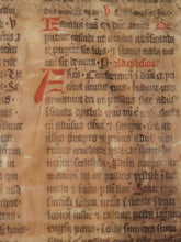 Load image into Gallery viewer, Two Leaf Bifolio from a Latin Missal, Germany, 14th Century. Manuscript on Parchment. 33 Lines of Gothic Script, 7 Large Red Initials. Recovered from a Binding