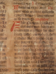 Two Leaf Bifolio from a Latin Missal, Germany, 14th Century. Manuscript on Parchment. 33 Lines of Gothic Script, 7 Large Red Initials. Recovered from a Binding