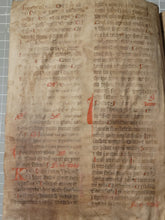 Load image into Gallery viewer, Two Leaf Bifolio from a Latin Missal, Germany, 14th Century. Manuscript on Parchment. 33 Lines of Gothic Script, 7 Large Red Initials. Recovered from a Binding