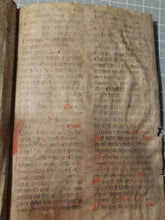 Load image into Gallery viewer, Two Leaf Bifolio from a Latin Missal, Germany, 14th Century. Manuscript on Parchment. 33 Lines of Gothic Script, 7 Large Red Initials. Recovered from a Binding