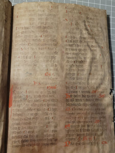 Two Leaf Bifolio from a Latin Missal, Germany, 14th Century. Manuscript on Parchment. 33 Lines of Gothic Script, 7 Large Red Initials. Recovered from a Binding