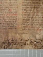 Load image into Gallery viewer, Two Leaf Bifolio from a Latin Missal, Germany, 14th Century. Manuscript on Parchment. 33 Lines of Gothic Script, 7 Large Red Initials. Recovered from a Binding