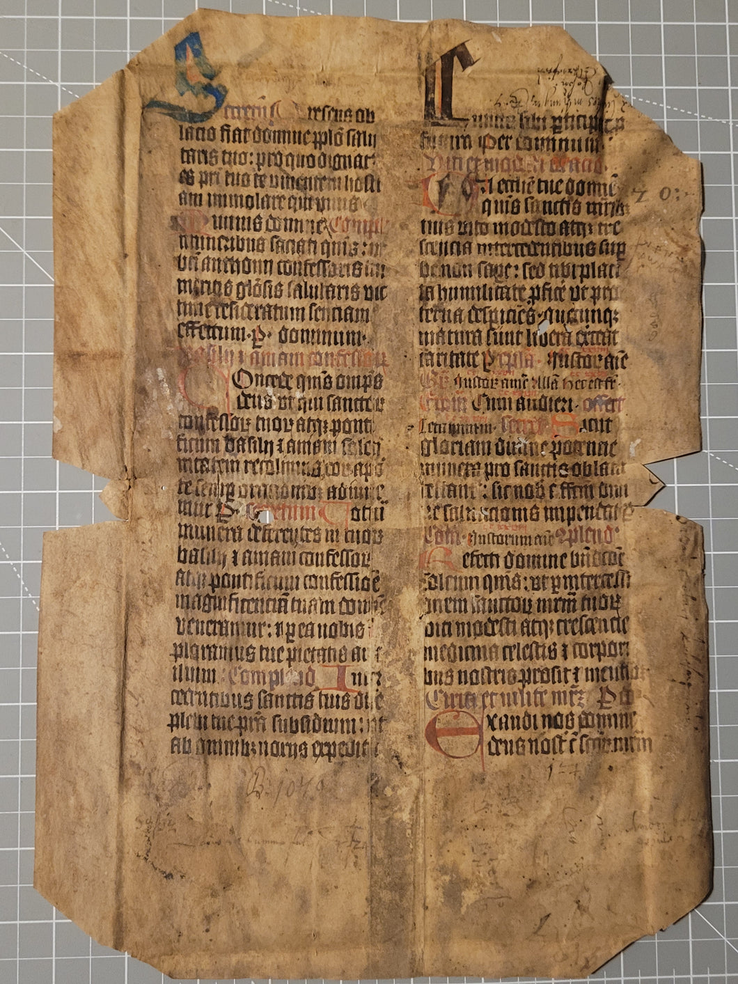 Leaf from a Latin Missal, Germany, 15th Century. 29 Lines of Gothic Script. Manuscript on Parchment. Recovered from a Binding