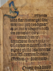 Leaf from a Latin Missal, Germany, 15th Century. 29 Lines of Gothic Script. Manuscript on Parchment. Recovered from a Binding