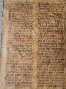 Two Leaf Bifolio from a Latin Missal or Breviary, Germany, 14th Century. 33 Lines of Gothic Script, Numerous Red Initials. Rescued Manuscript Waste