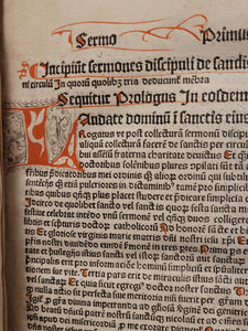 Sermones Discipuli de sanctis cum promptuario exemplorum et miraculis Beatae Mariae Virginis, 1481. Profusely Rubricated, and with Contemporary Leather Boards