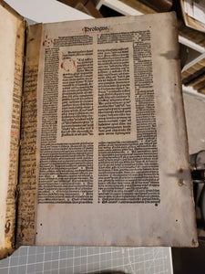 Biblia cum Postillis Nicolai de Lyra et expositionibus Guillelmi Britonis in omnes prologos S. Hieronymi et additionibus Pauli Burgensis replicisque Matthiae Doering, 1487. Volume 2 of 4. With 12th Century Strips of Binder’s Waste