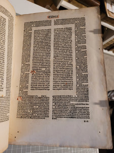 Biblia cum Postillis Nicolai de Lyra et expositionibus Guillelmi Britonis in omnes prologos S. Hieronymi et additionibus Pauli Burgensis replicisque Matthiae Doering, 1487. Volume 2 of 4. With 12th Century Strips of Binder’s Waste