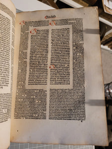 Biblia cum Postillis Nicolai de Lyra et expositionibus Guillelmi Britonis in omnes prologos S. Hieronymi et additionibus Pauli Burgensis replicisque Matthiae Doering, 1487. Volume 2 of 4. With 12th Century Strips of Binder’s Waste