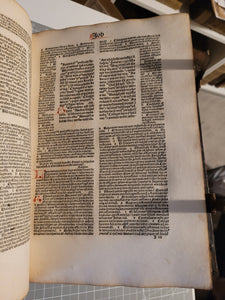 Biblia cum Postillis Nicolai de Lyra et expositionibus Guillelmi Britonis in omnes prologos S. Hieronymi et additionibus Pauli Burgensis replicisque Matthiae Doering, 1487. Volume 2 of 4. With 12th Century Strips of Binder’s Waste