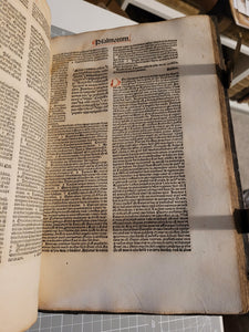 Biblia cum Postillis Nicolai de Lyra et expositionibus Guillelmi Britonis in omnes prologos S. Hieronymi et additionibus Pauli Burgensis replicisque Matthiae Doering, 1487. Volume 2 of 4. With 12th Century Strips of Binder’s Waste