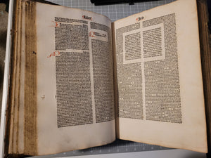 Biblia cum Postillis Nicolai de Lyra et expositionibus Guillelmi Britonis in omnes prologos S. Hieronymi et additionibus Pauli Burgensis replicisque Matthiae Doering, 1487. Volume 2 of 4. With 12th Century Strips of Binder’s Waste