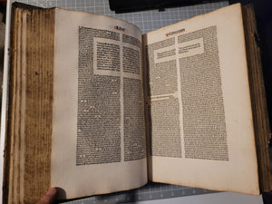 Biblia cum Postillis Nicolai de Lyra et expositionibus Guillelmi Britonis in omnes prologos S. Hieronymi et additionibus Pauli Burgensis replicisque Matthiae Doering, 1487. Volume 2 of 4. With 12th Century Strips of Binder’s Waste