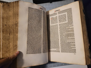 Biblia cum Postillis Nicolai de Lyra et expositionibus Guillelmi Britonis in omnes prologos S. Hieronymi et additionibus Pauli Burgensis replicisque Matthiae Doering, 1487. Volume 2 of 4. With 12th Century Strips of Binder’s Waste