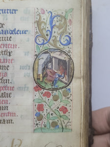 Book of Hours, Use of Paris, Circa 1460. Illuminated Manuscript on Parchment from France. With 9 Large Miniatures, 22 Calendar Miniatures, One Historiated Initial, 134 Border Illustrations. Illuminated Decorative Borders. Plus Side Wound of Christ